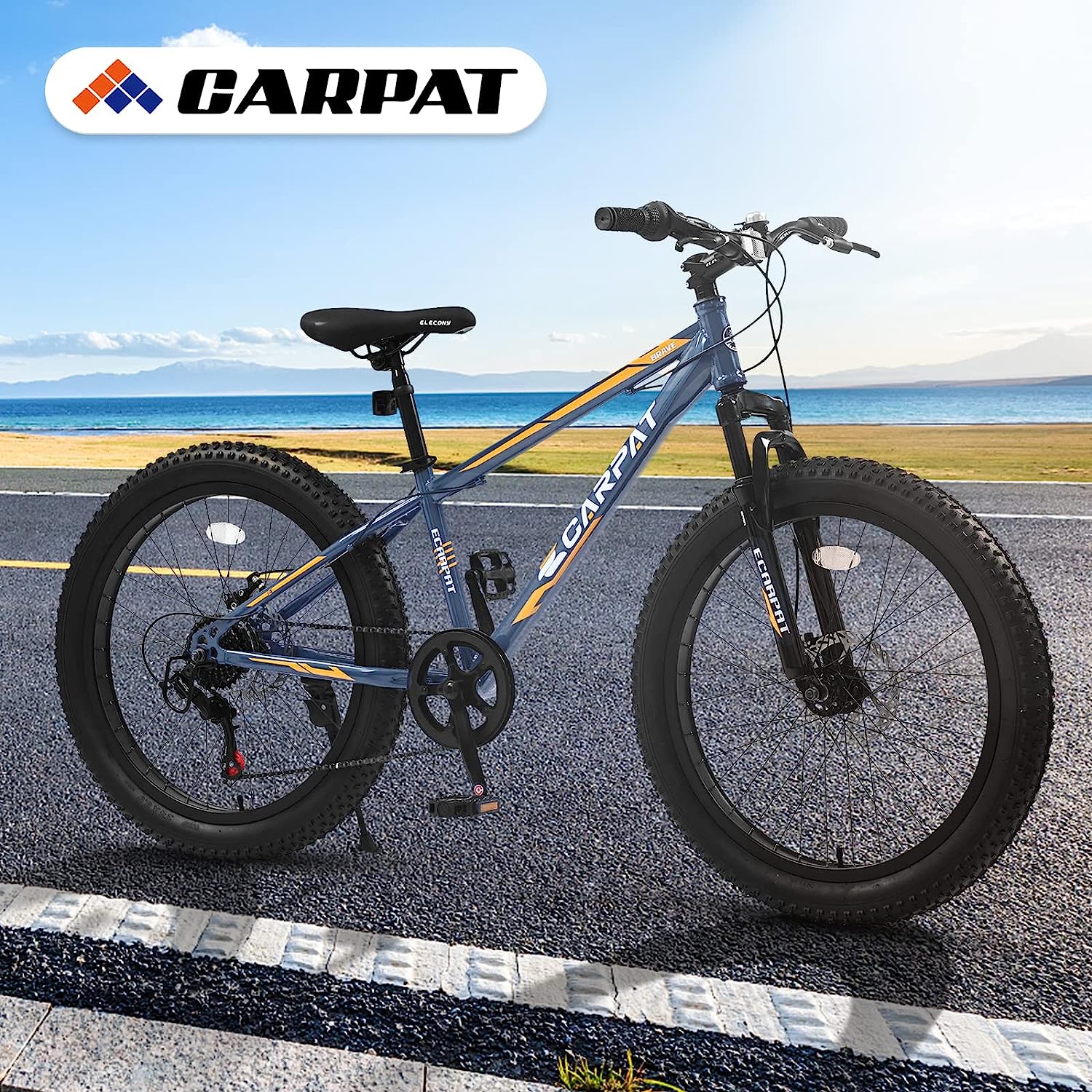 Ambifirner Mens and Women Fat Tire Mountain Bike, 24-Inch Bicycle Wheels, 4-Inch Wide Tires, Steel Frame, 7Speed Drivetrain, Disc Brakes