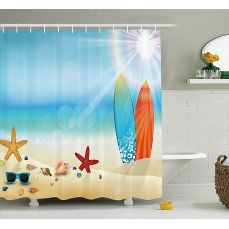Seashells Decor Shower Curtain Set, Holiday Theme Sunglasses On The Sand Beach Summer Surfboard Daytime Sunny Starfish Seashells, Bathroom Accessories, 69W X 70L Inches, By Ambesonne