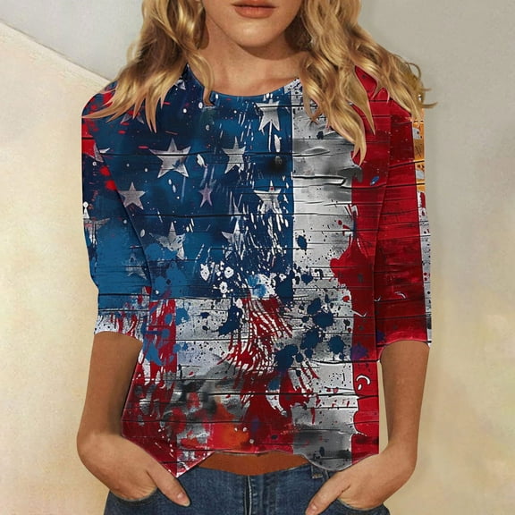 Cavosen USA Flag Shirts for Women Petite 4th of July 3/4 Sleeve Round Neck Shirts USA Star Striped Print Shirts Lady XL Red White and Blue Casual Tops Patriotic Tunic Tees 2025 Patriotic Blouses