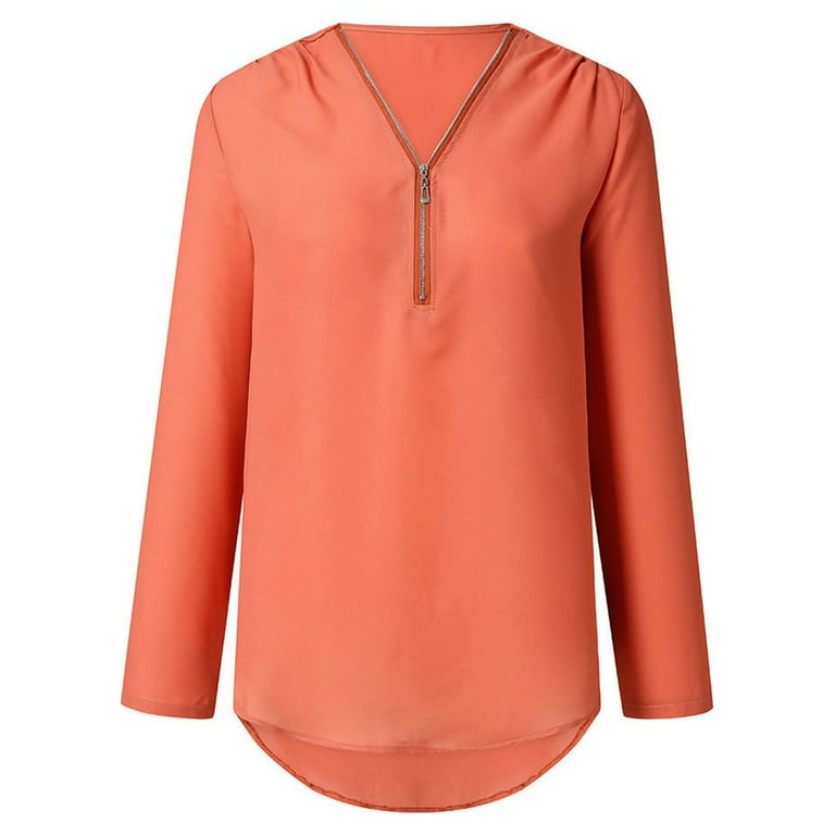 Abcnature Women Zipper Button Tops Long Sleeves Loose Chiffon