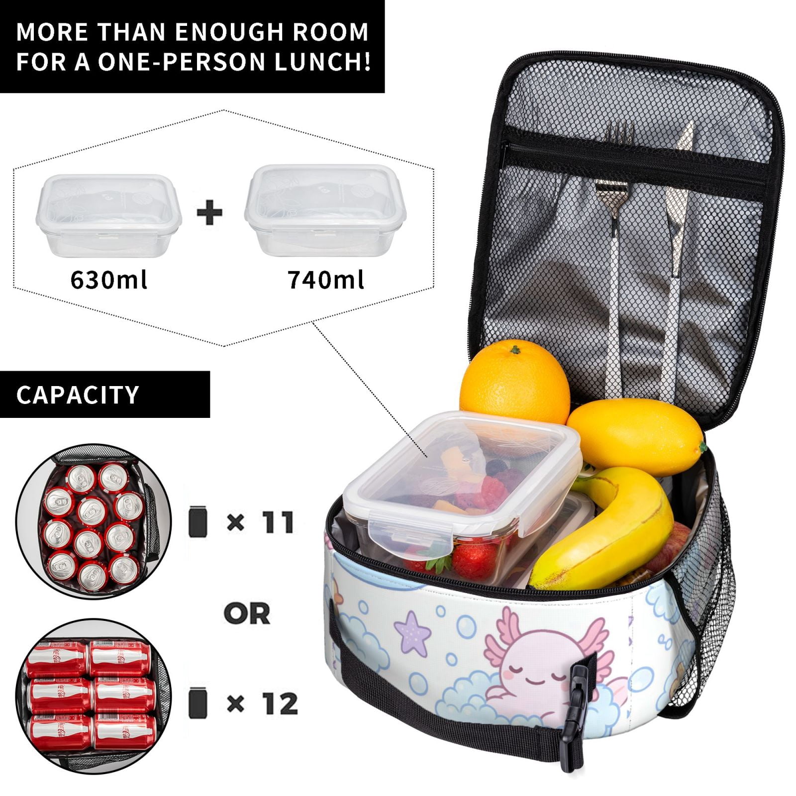 Lunch Bag For Women Men Insulated Portable Lunch Box Bento Box Office Picnic Travel Cooler Bag Bubble Bath Axolotls - Pastel Daydream