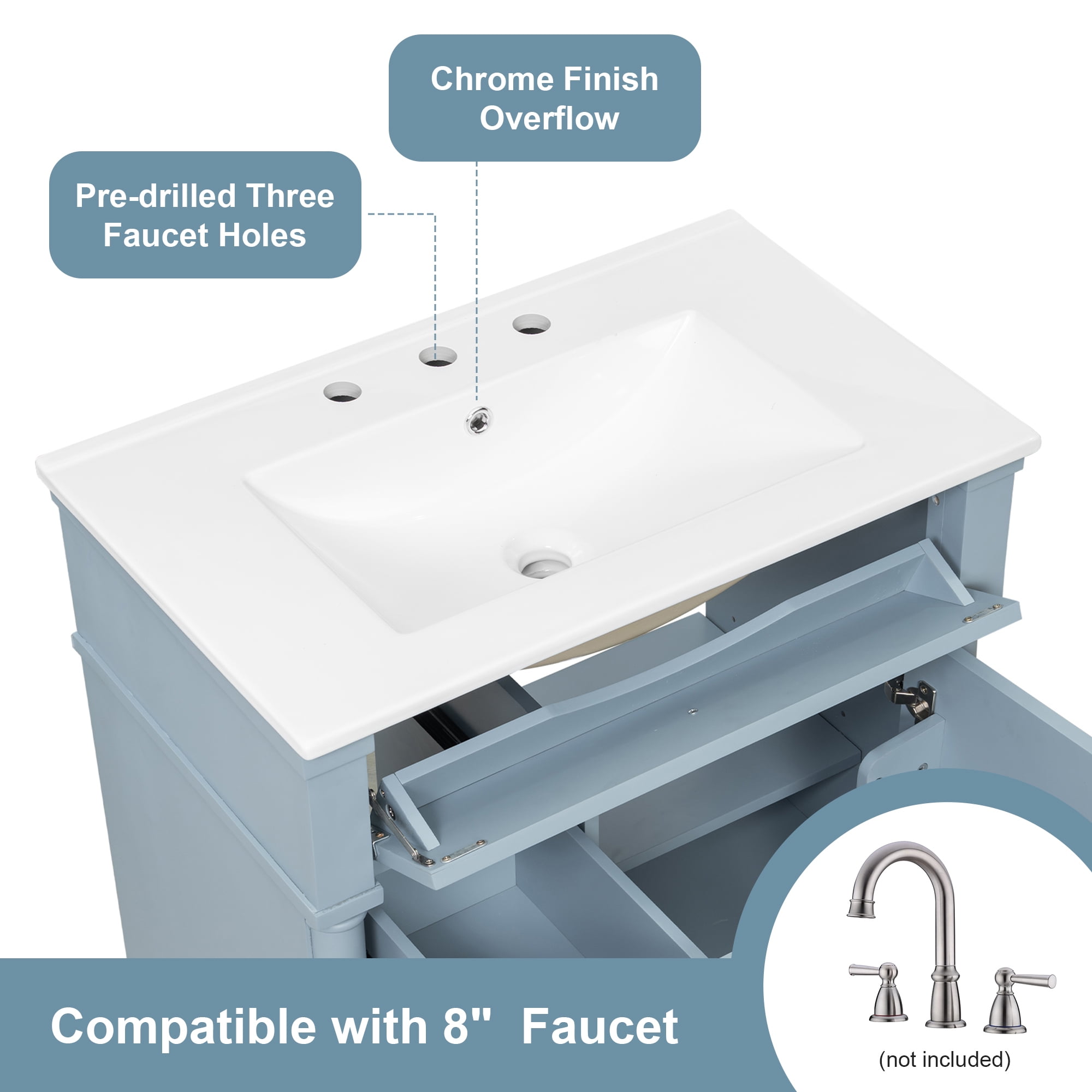 Alvantor 30" Bathroom Vanity with Ceramic Sink, Freestanding Storage Cabinet with Flip Drawers Blue