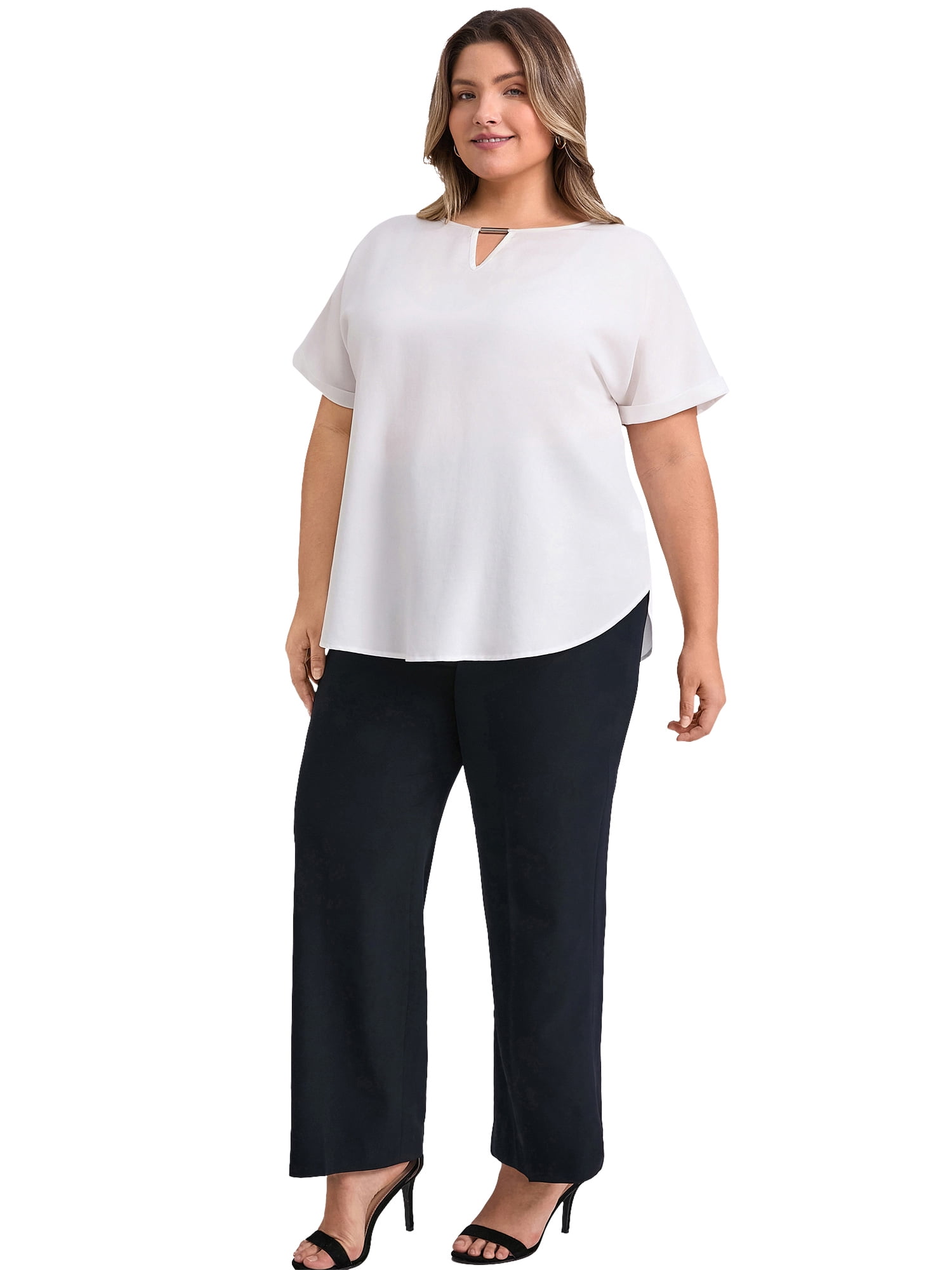 DARING DIVA Women's Plus Keyhole Neck Petal Trim Short Sleeve Blouse 4X White