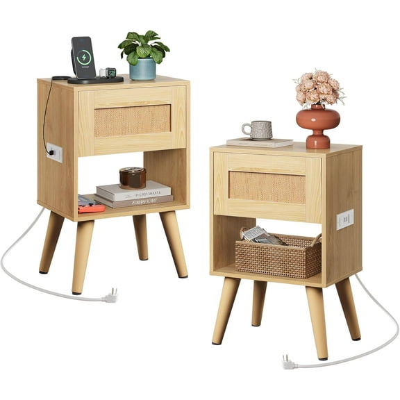 Rattan Nightstands Set of 2 with Charging Station, Boho Nightstand, Wood Side Table, Small End Table with Drawers for Bedroom, Natural Oak
