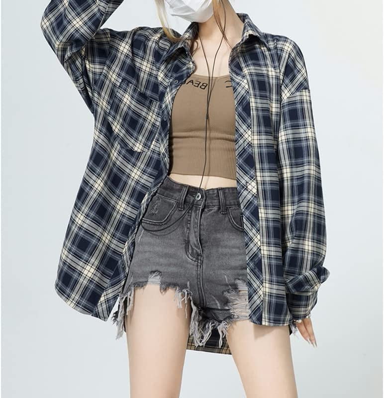 DanceeMangoos Women's Oversized Plaid Shirts Flannel Button-Down Fairy  Grunge Blouse Roll Up Long Sleeve Fall Spring Alt Gothic Tops