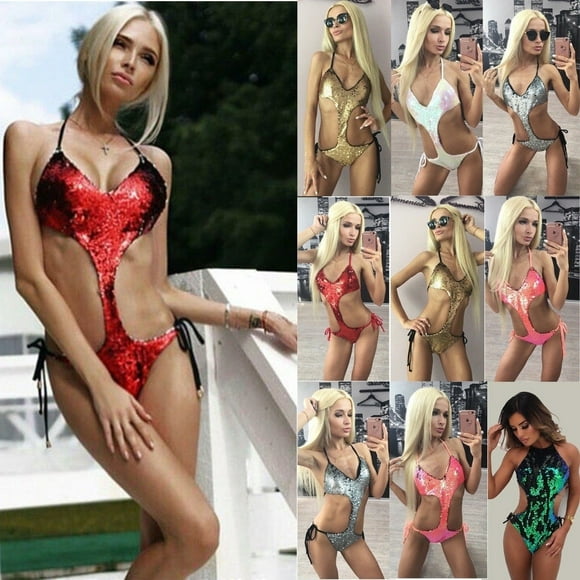 Women One Piece Sequin Monokini Push Up Padded Bikini Swimsuit Swimwear Bathing