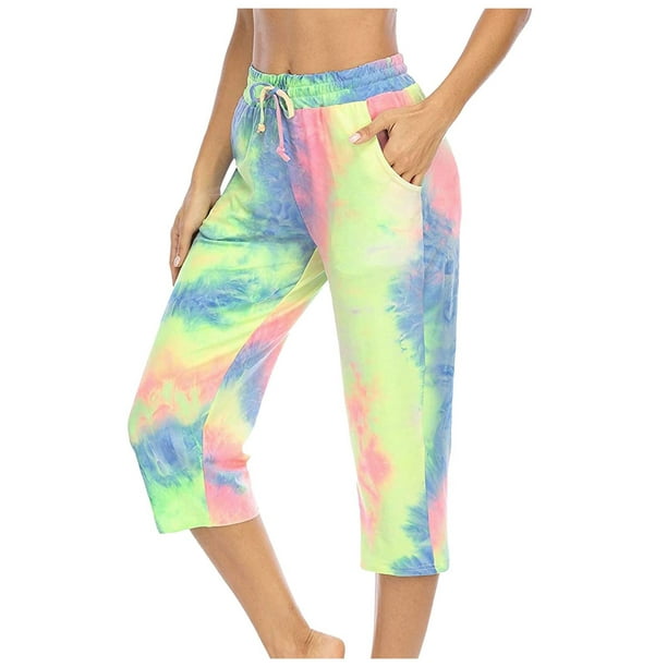 QUYUON Women Running Capris with Pockets Fashion Tie-dyed Drawstring ...