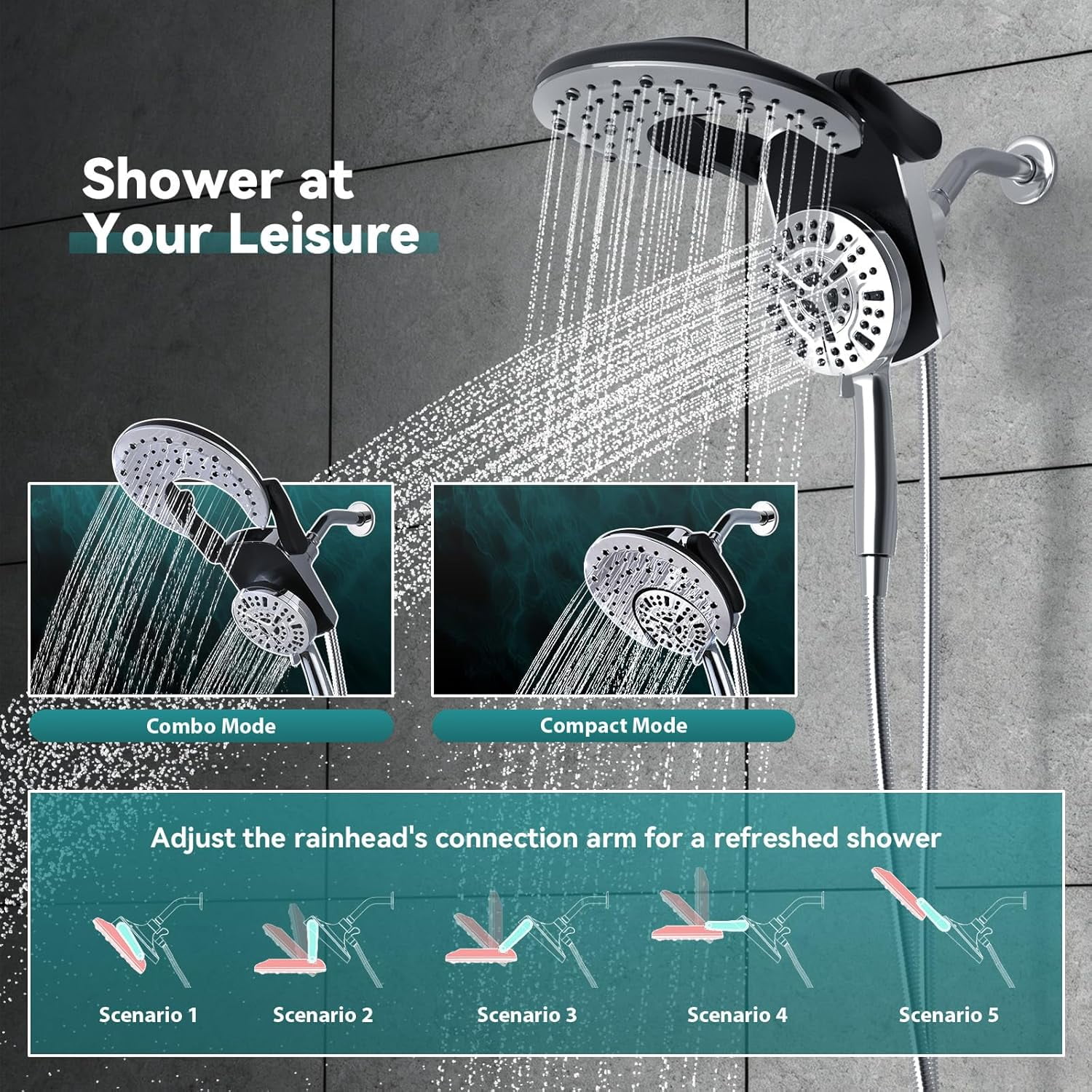 Rain Shower Head with Handheld: High Pressure Shower Heads with Handheld Spray Combo, Spray Settings/Modes Hand Held Showerhead Dual Rainfall Shower Head Built-in Magnetic Docking and Jets