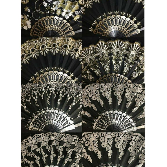 Set of 12 Black & Gold Hand Held Folding Fans w/Gift Bags for Party Favors, Party Decor, Church, Baptism, First Communion, Religious Gift, Table Setting