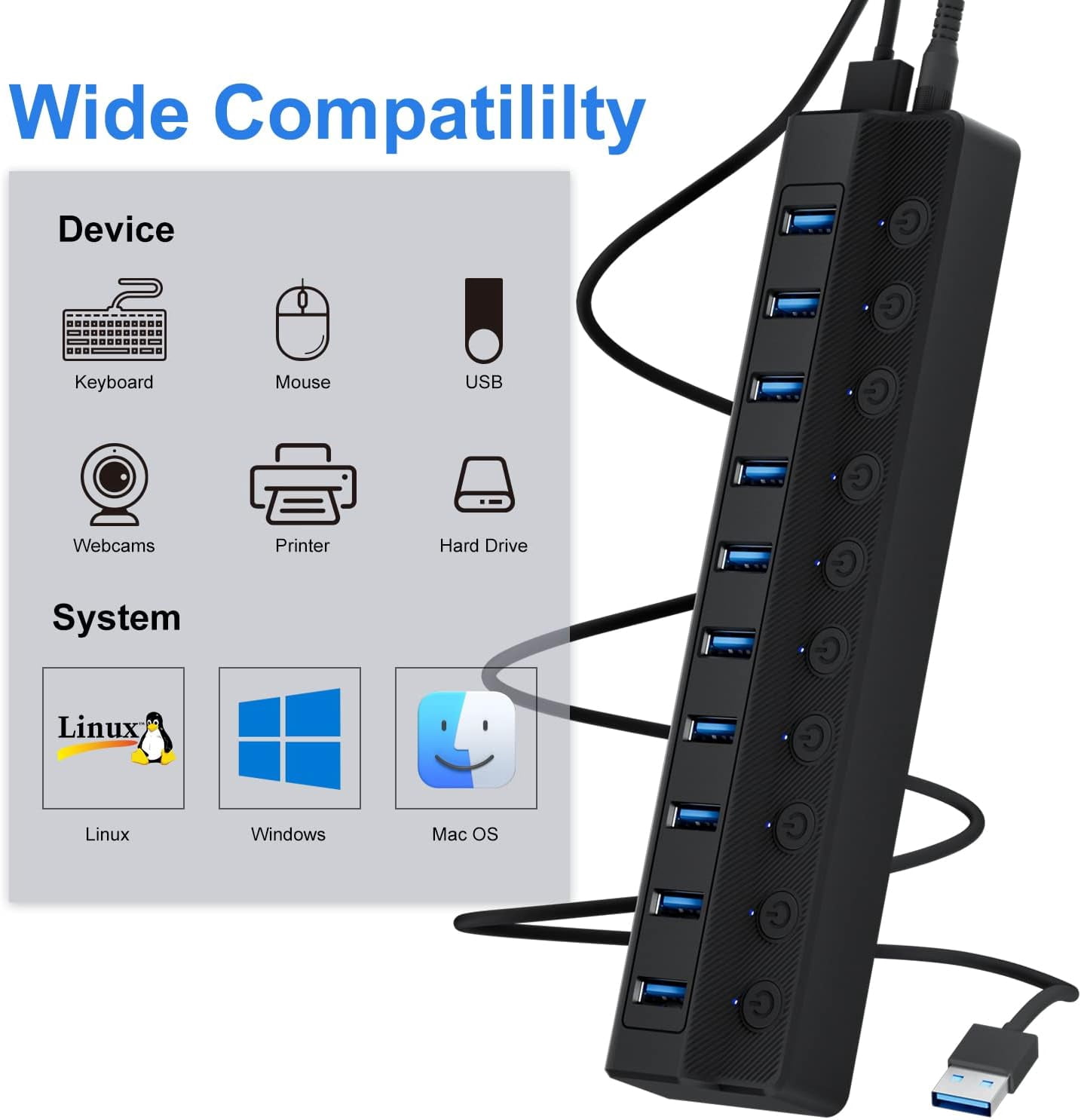 Powered USB Hub 3.0, 10-Port USB Splitter Hub with Individual On/Off Switches and 12V/2A Power Adapter USB Extension