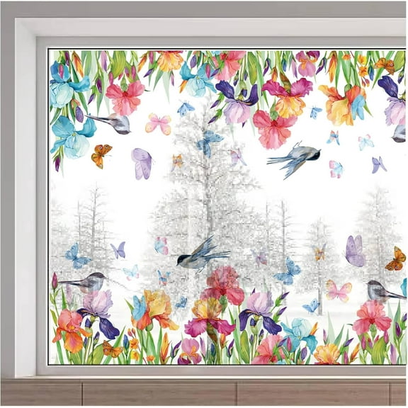 Iris Flower Window Stickers Spring Butterfly Birds Reusable Glass Window Cling Double-Sided Anti Collision Non-Adhesive Window Decals for Home Room Sliding Glass Door Prevent Birds Strikes for DIY