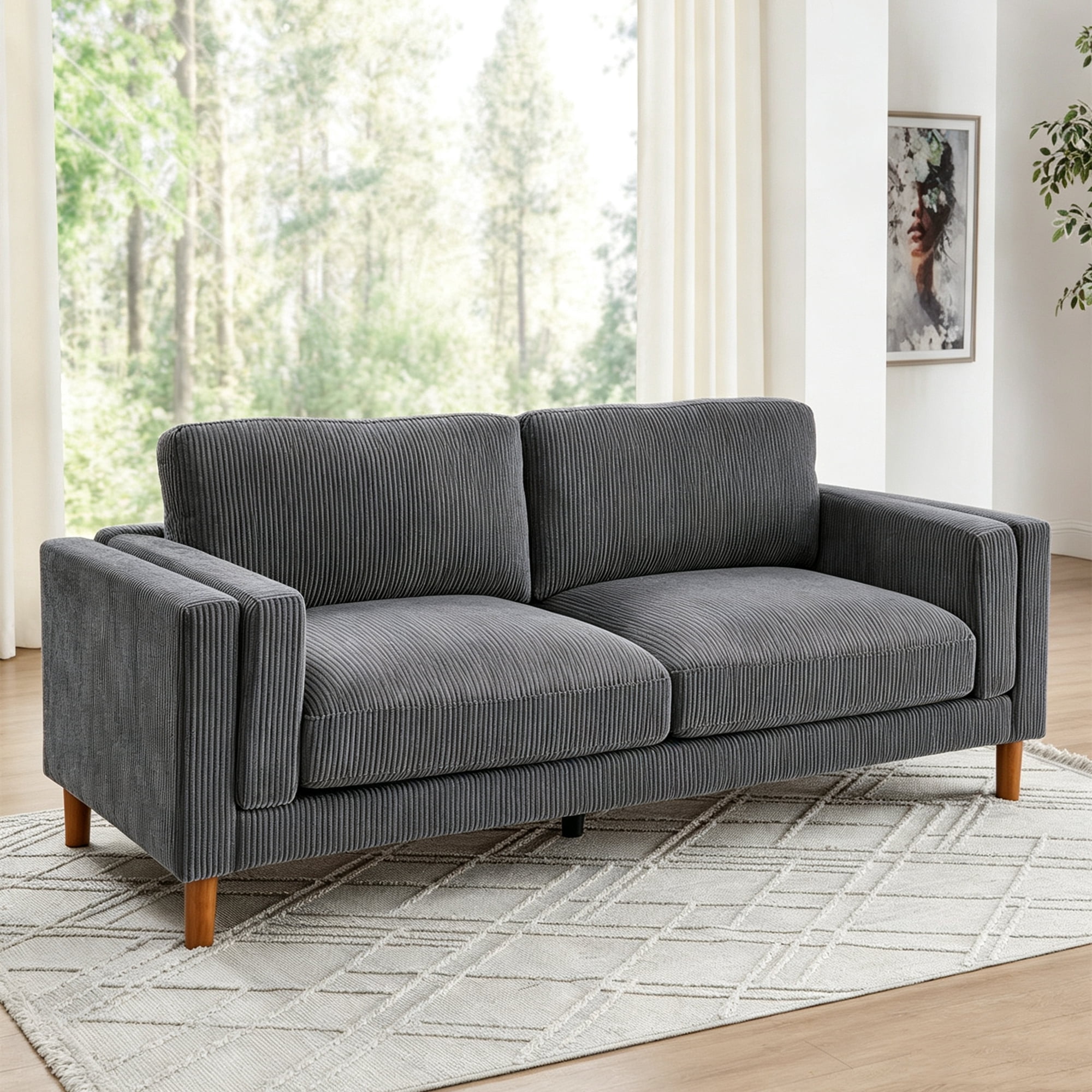 Aukfa 87" Oversized Modern Sofa Couch Deep Seat 3-Seater Sofa for Living Room, Wooden Legs, Corduroy, Gray