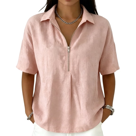 Domzest Half Sleeve Tops for Women V Neck Spring Tshirt Loose-Fit Basic Going Out Tops Zip Up Work Polo Shirts Pink XL