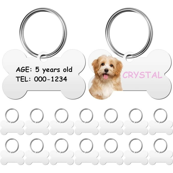 16-Piece Sublimation Blank Dog Tags - Aluminum, Bone-Shaped, Double Sided with Key Ring for Dogs and Cats