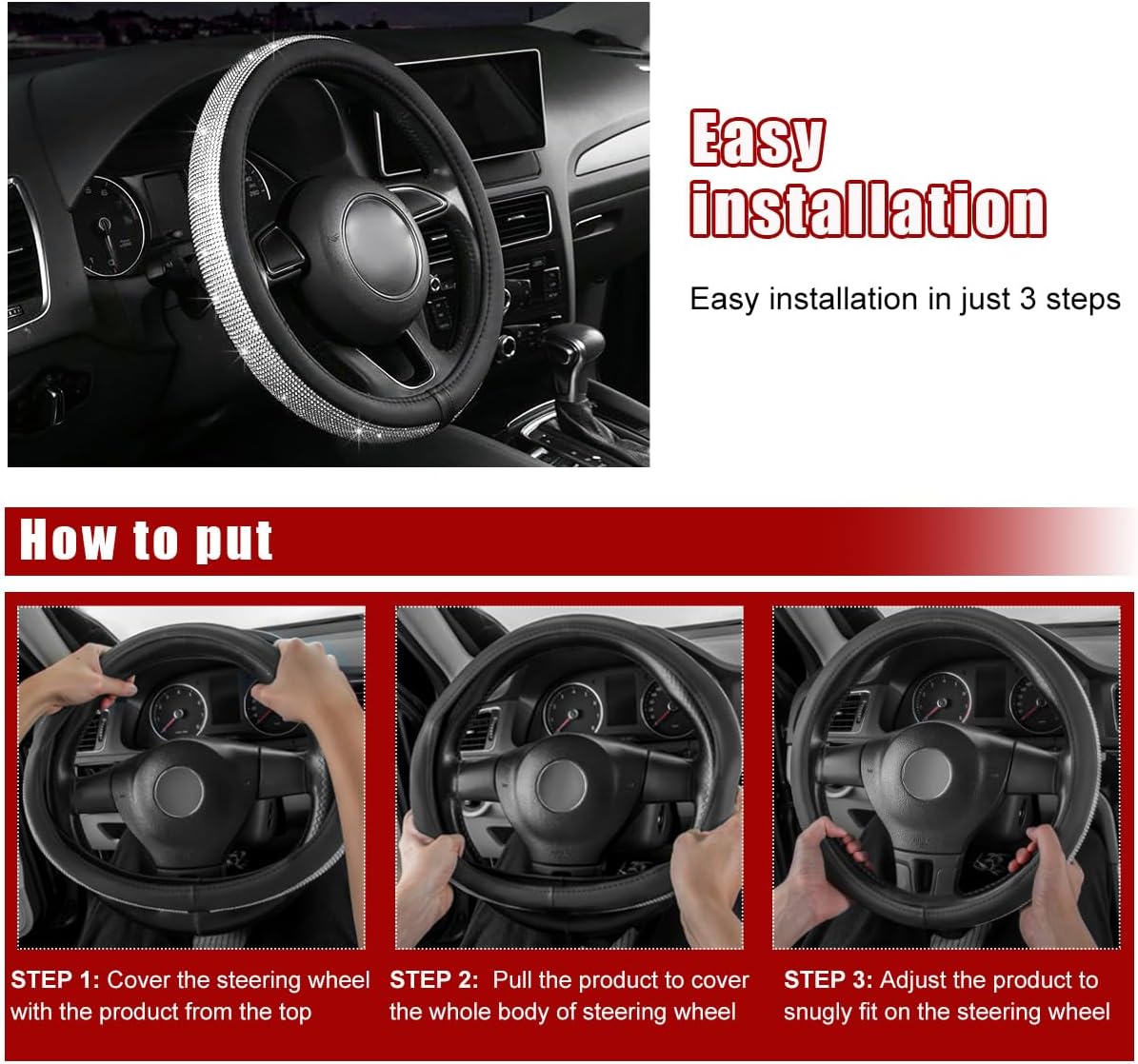 Bling Car Steering Wheel Cover for Women, Sparkling Crystal Rhinestone Auto Wheel Protector, Anti Slip Cover Fit 15 Inch Steering Wheel, Universal Car Accessories, White