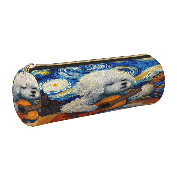 Disketp Dog Guitar Starry Night Estuche Organizador de Lápices de Cuero, Estuche de Oficina con Cremallera para Bolígrafo y Lápiz