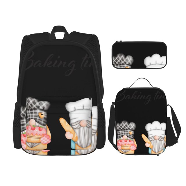 Disketp Little Chef Gnome Mochila Estampada de Gran Capacidad con Lonchera y Estuche, Set de 3 Piezas para Estudiantes
