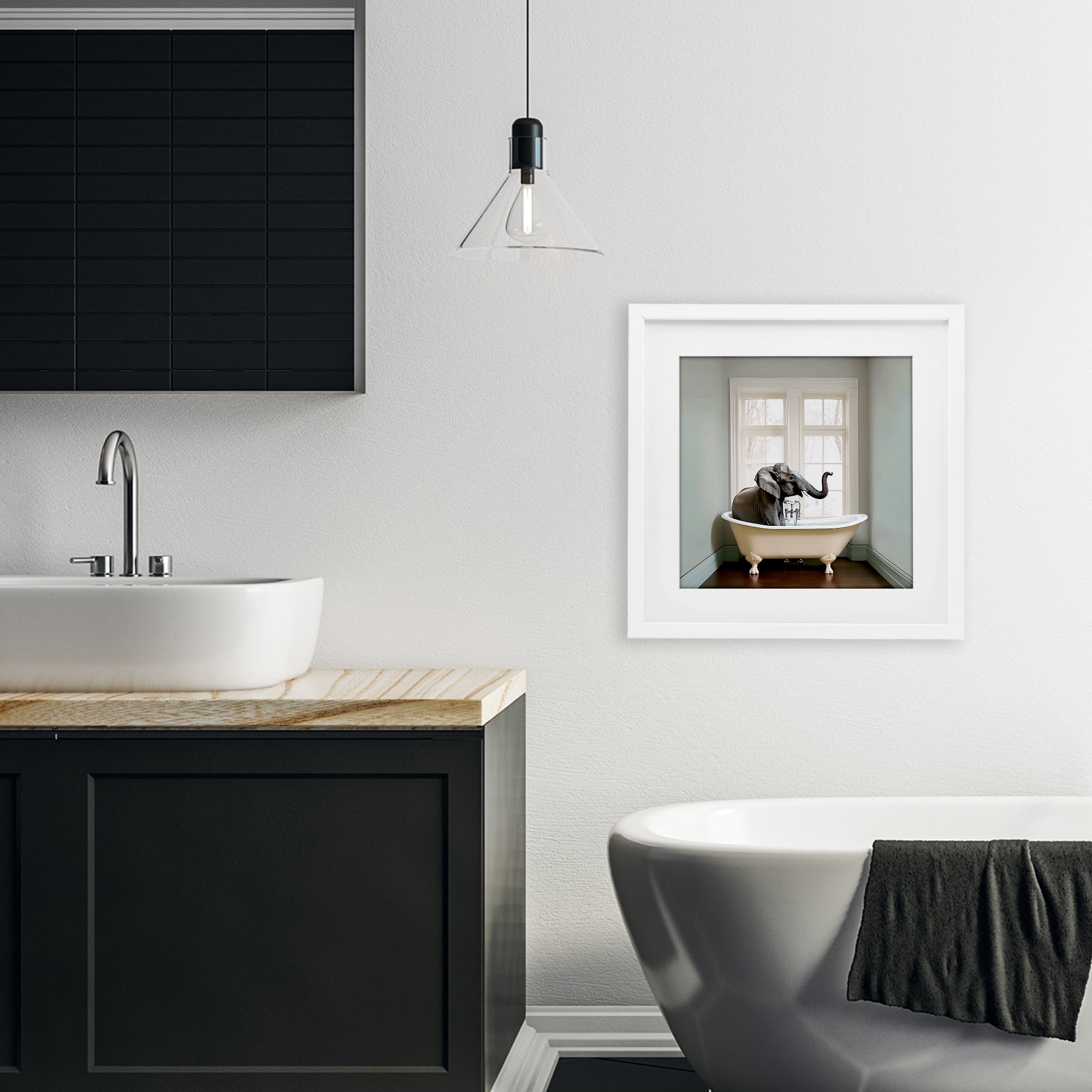 Minimal Elephant Bathtime White Framed Print Under Glass, design by Sasha