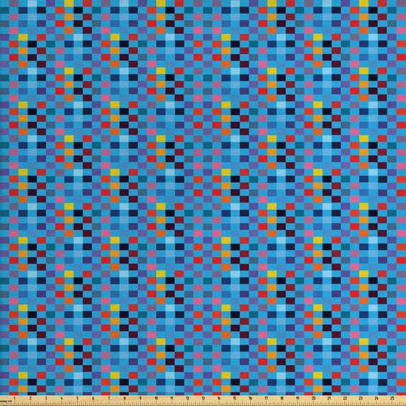 Mosaic Sofa Upholstery Fabric by the Yard, Abstract Modern Composition with Little Rectangles Print, Decorative Fabric for DIY and Home Accents, Deep Sky Blue Multicolor by Ambesonne
