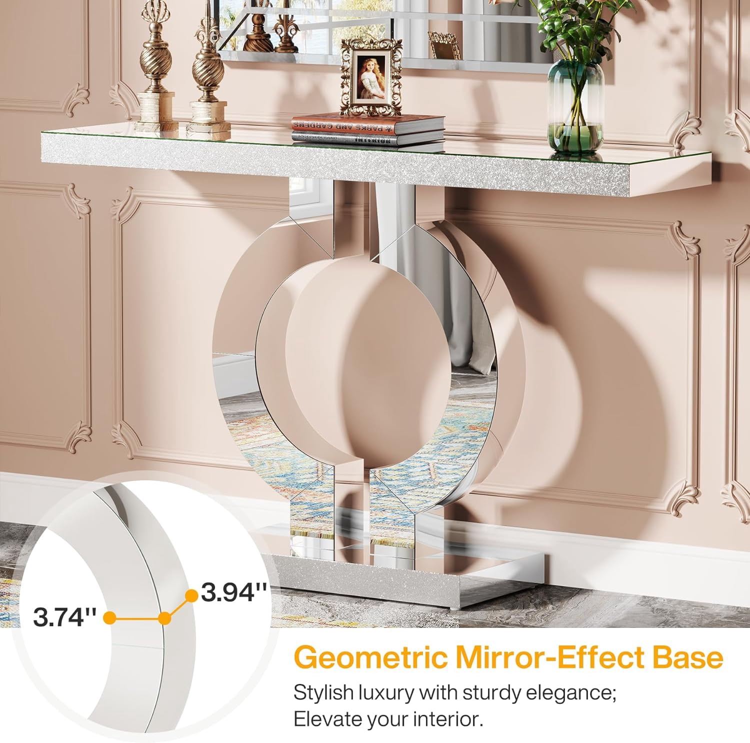 Tribesigns 43-Inch Mirrored Console Table, Modern Silver Entryway Table with O-Shaped Base, Glass Sofa Table with Mirror Finish for Living Room Hallway Entrance