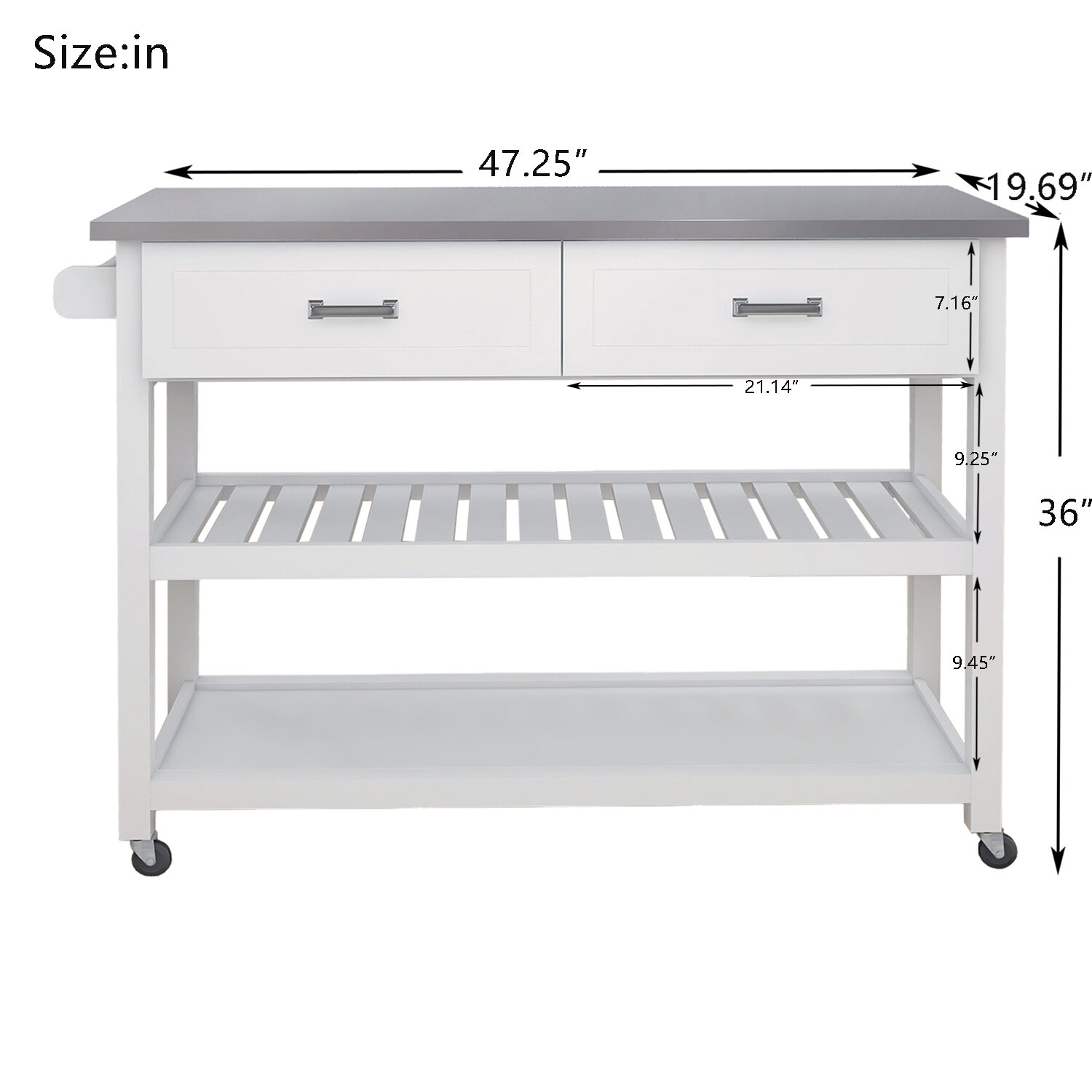 Kitchen Islands Stainless Steel Table Top White Kicthen Cart With Two Drawers,Kitchen Carts