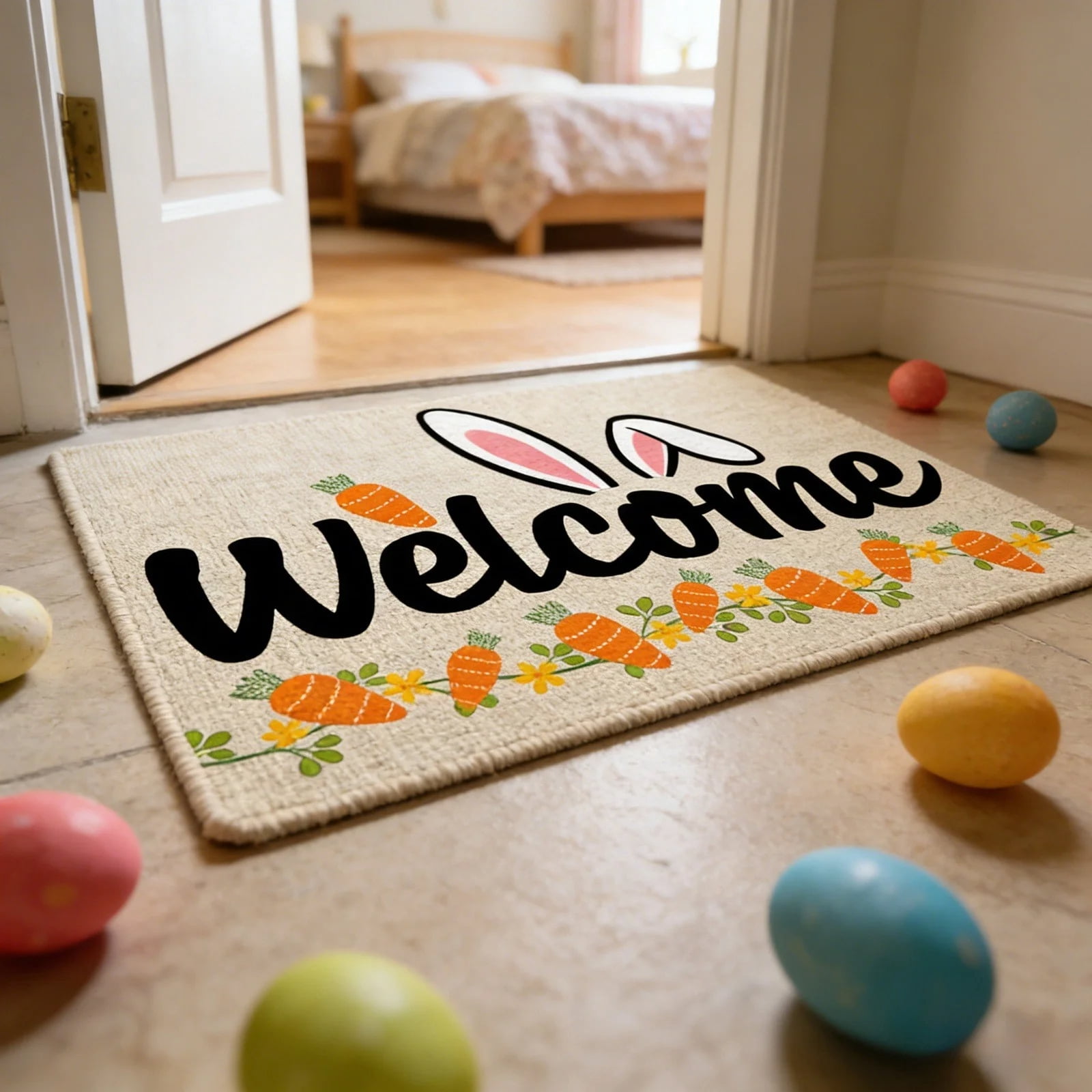 Happy Easter Bunny Welcome Door Mat 16x2417 Inch Spring Rabbit Doormat Indoor/Outdoor Entrance Floor Mat Non-Slip Washable Easter Decor Rug
