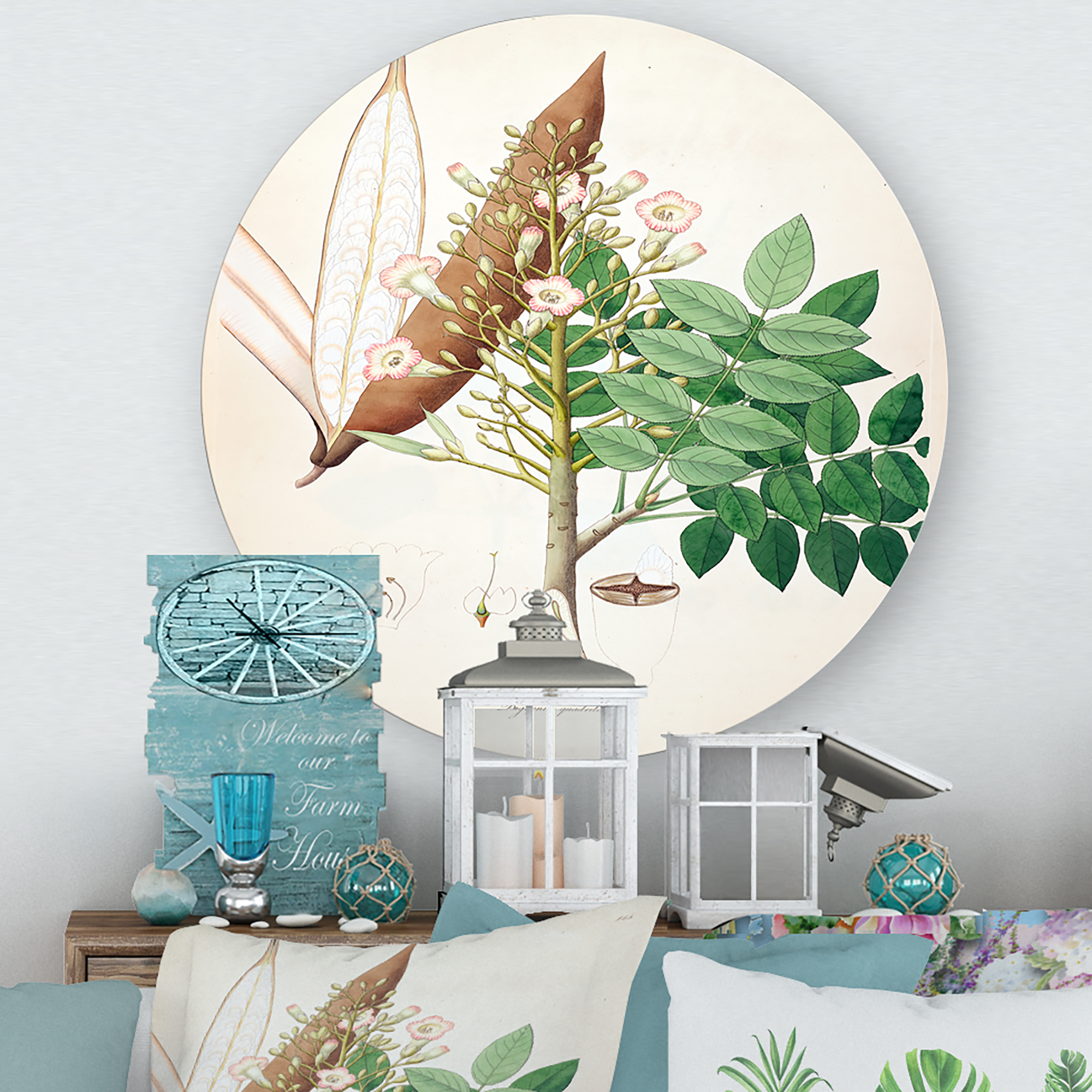 Designart 'Ancient Botanicals IX' Farmhouse Circle Metal Wall Art 23x23 - Disc of 23