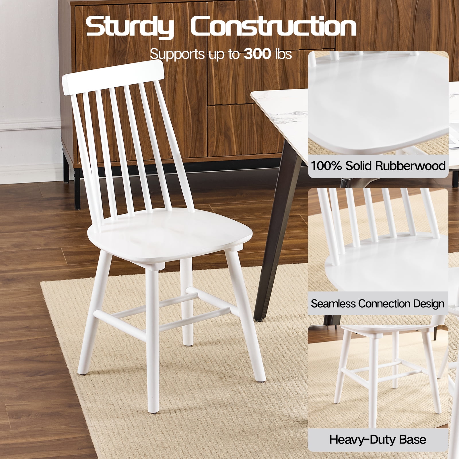 Farmhouse Windsor Dining Chairs Set of 6, Solid Wood Spindle Back Kitchen Chairs for Dining Room, White