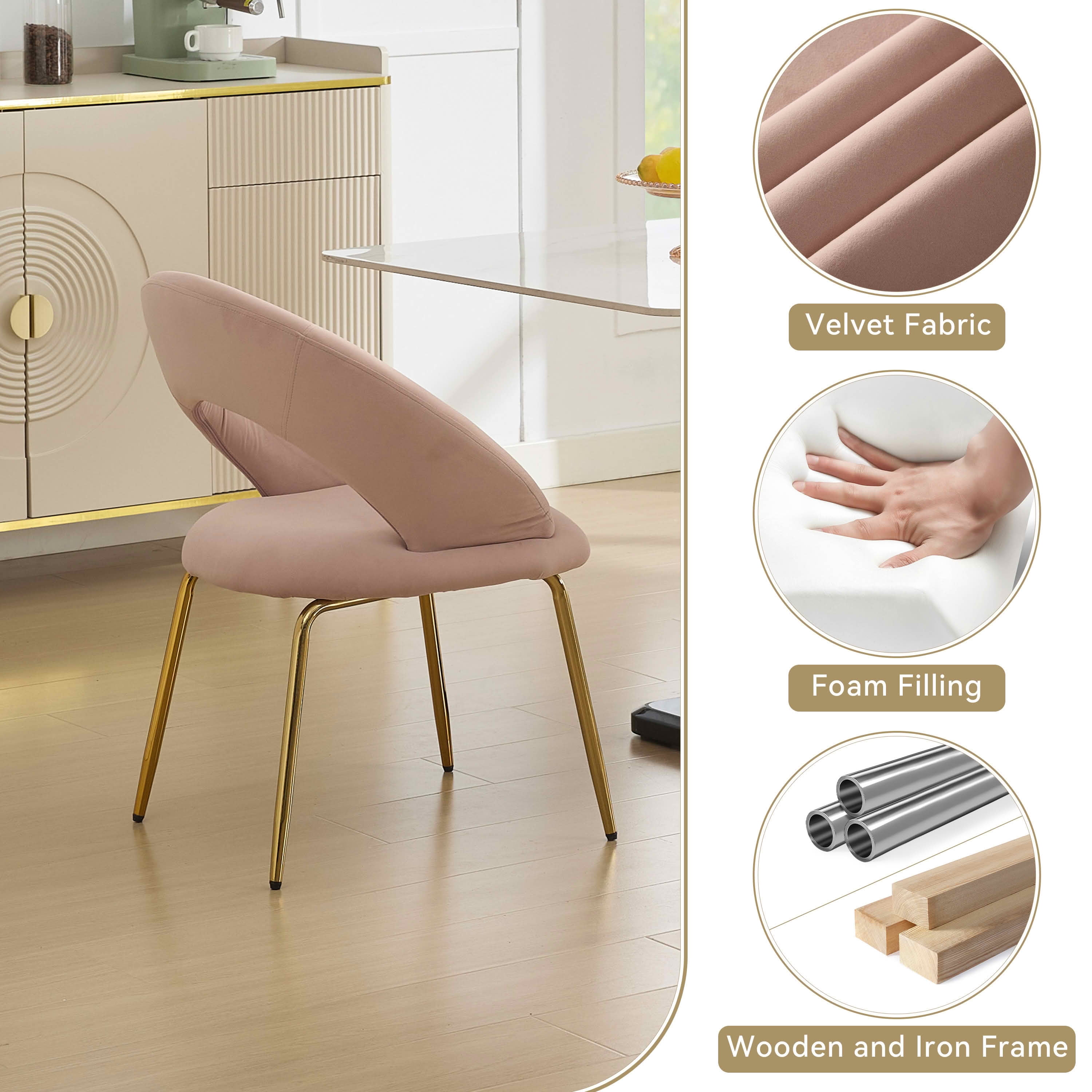 MAYEERTY Set of 1 Velvet Fabric Dining Chair, Curved Backrest & Golden Metal Legs, for Kitchen & Dining Room, Pink