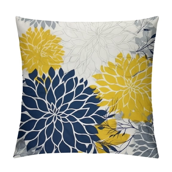 Heduofu Navy Blue Yellow Pillow Covers,Mustard Yellow Dahlia Flower Throw Pillows Case,Modern Geometry Decorative Linen Square Cushion Covers Outdoor Decor for Home Living Room Sofa Bed White