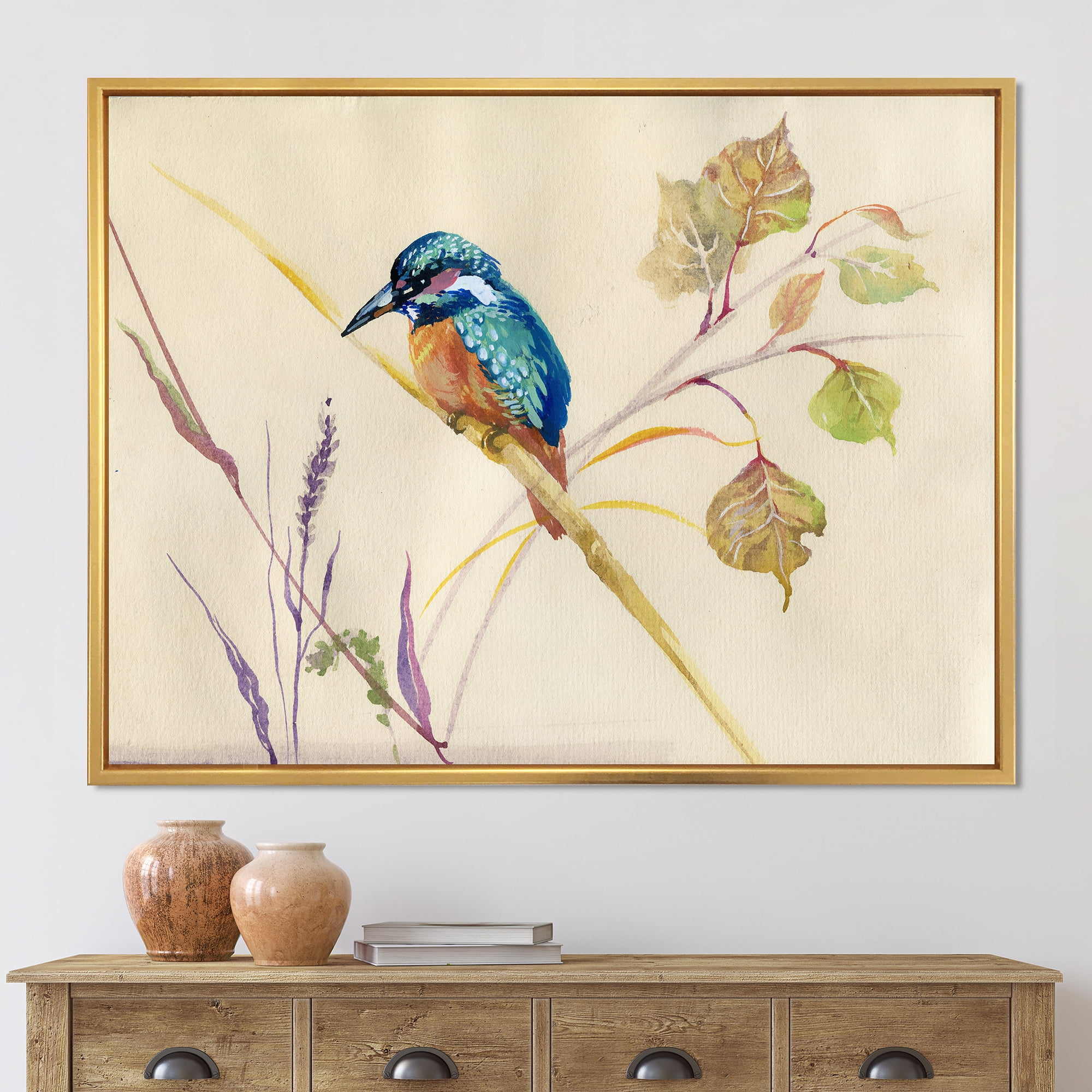 Designart 'Common Kingfisher Bird On Branch' Traditional Framed Canvas Wall Art Print