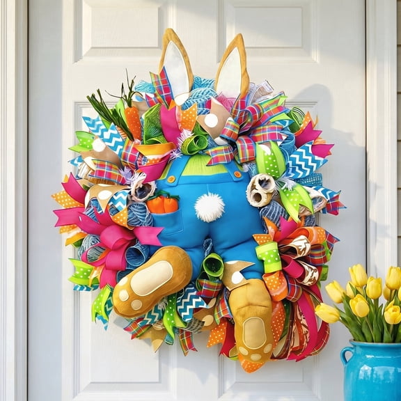 16 Inch Easter Bunny Ears Butt Wreath for Front Door, Bunny Thief Carrots Eggs Mesh Deco Wreath for Spring Easter Decoration
