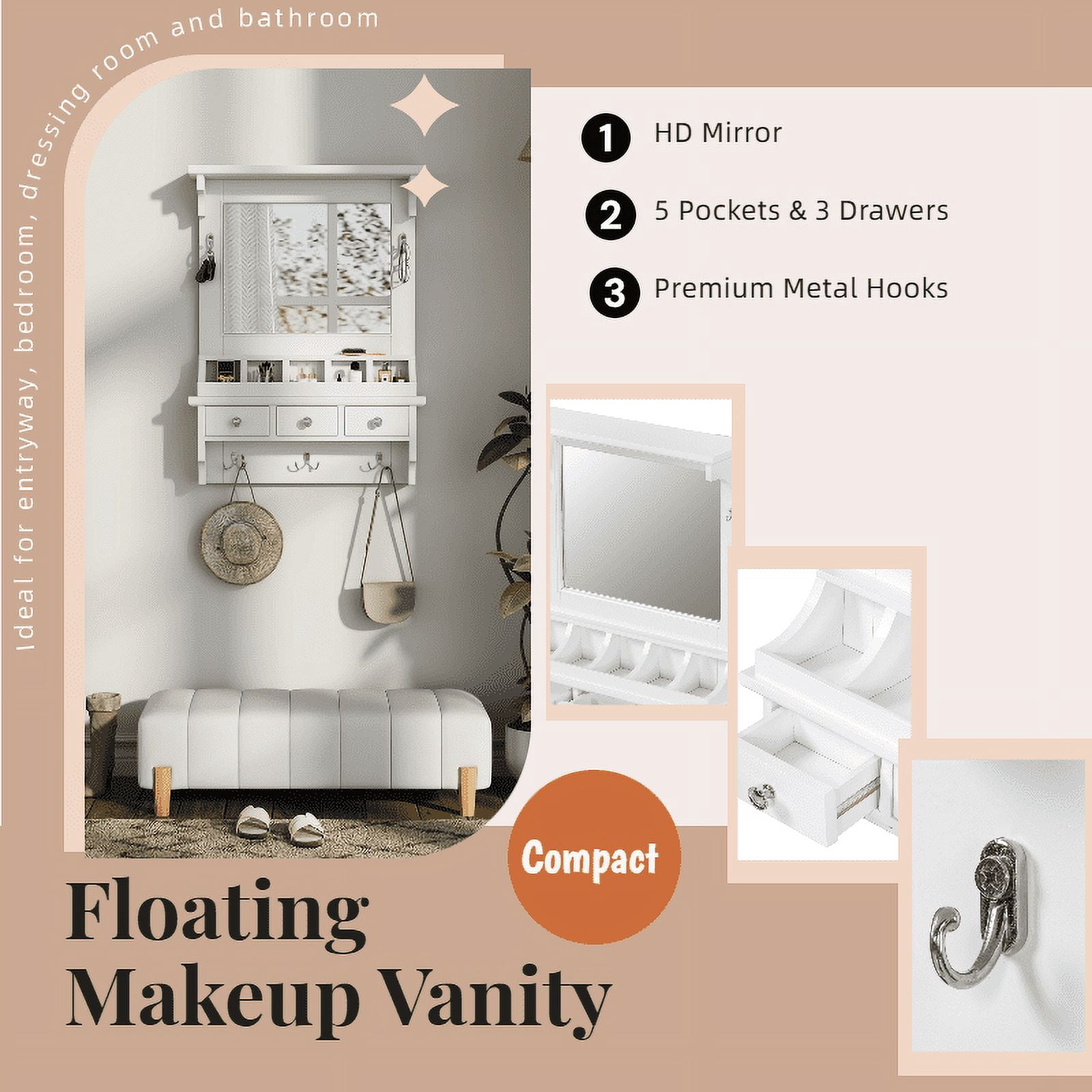 Euroco Wall-Mounted Floating Makeup Vanity with HD Mirror, Drawers, Hooks & Storage Pockets, Pre-Assembled Organizer for Entryway, Bedroom or Bathroom