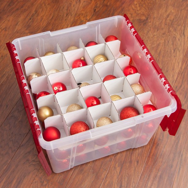 IRIS Wing Lid Holiday Ornament Storage Box with Ornament Divider, Red