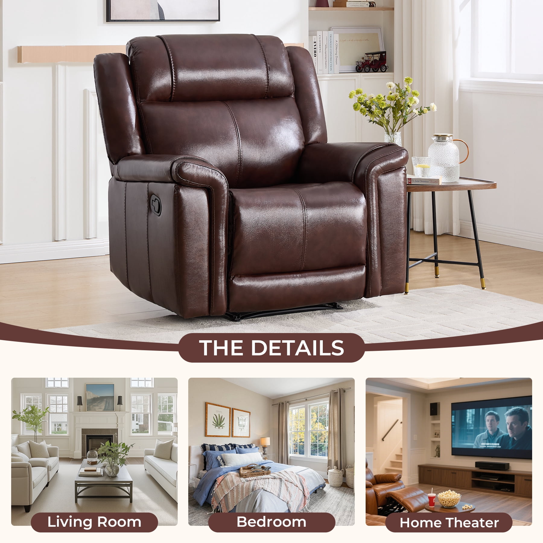 Ebello Genuine Leather Manual Recliner, Luxurious Modern Reclining Chair with Padded Headrest and Armrest for Living Room, Home Theater, Office, Brown