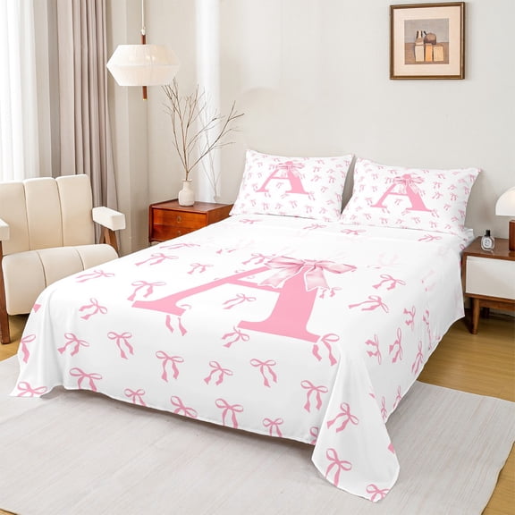 Castle Fairy Girls Monogrammed Letter 3pcs Twin Sheet Sets,Pink Bow Twin Fitted Sheet,Dreamy Princess Breathable Flat Sheet,Super Cozy Room Decor