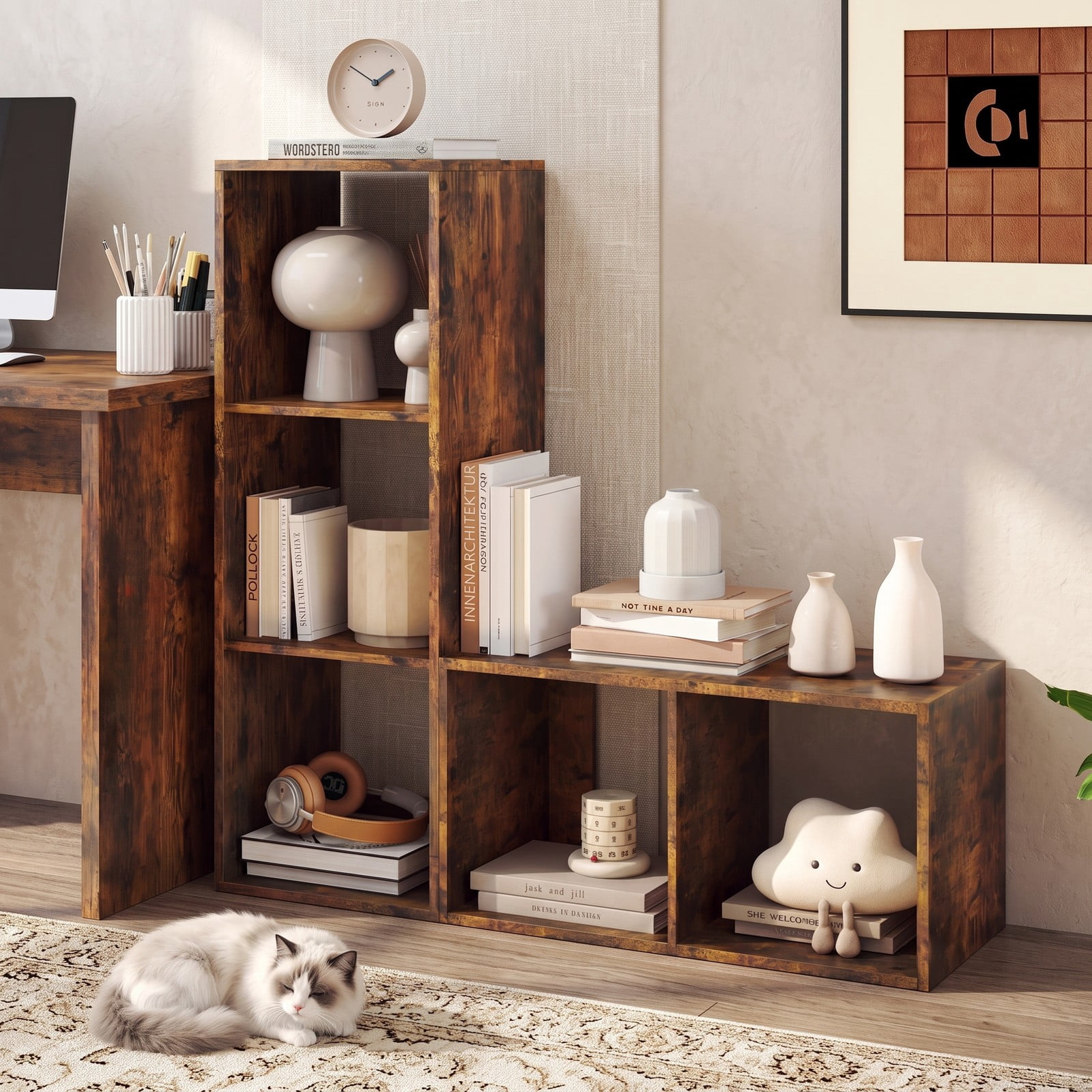 Furnibear 3 Cube Bookshelf with Back Guardrail, Engineered Wood Cube Storage Organizer Bookcase Display Shelf for Living Room Bedroom Home Office with, Brown