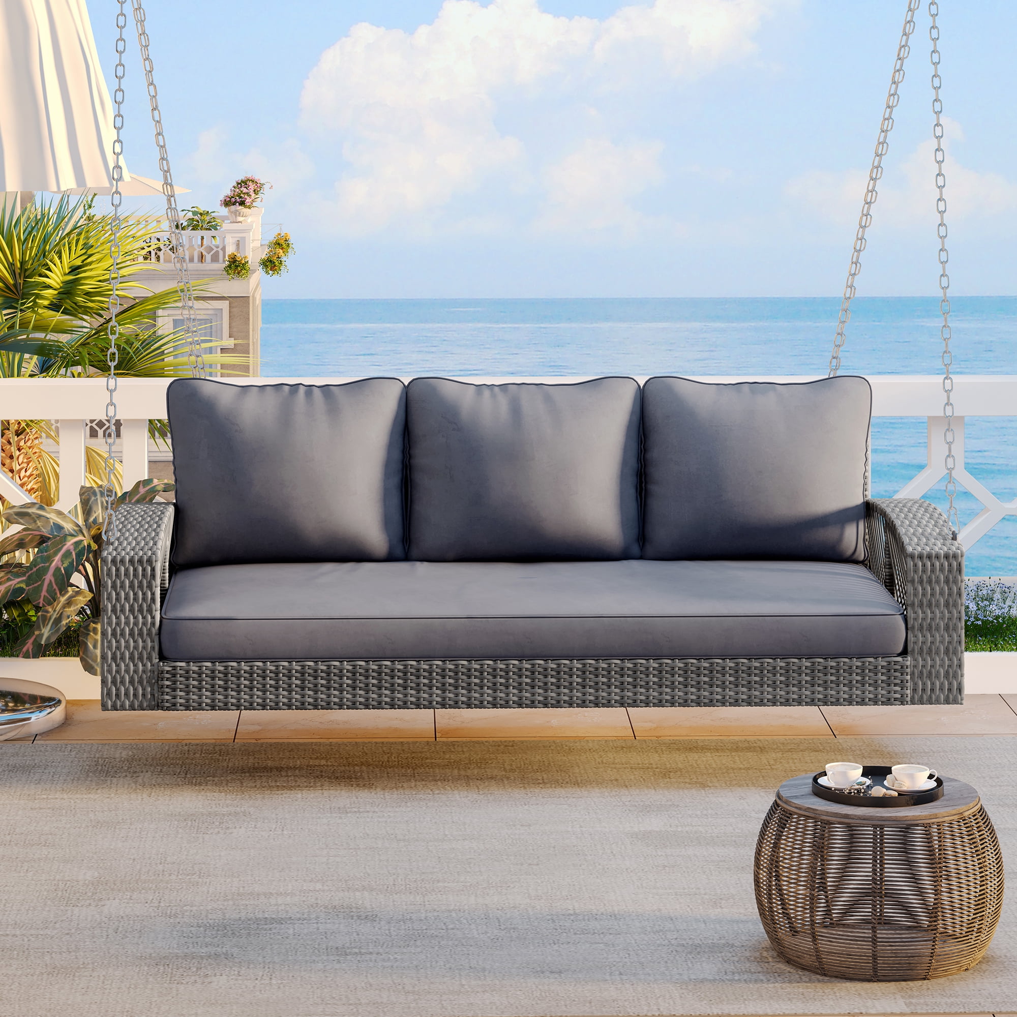 PE Wicker 3-Person Porch Swing with Chains, Large Patio Swing Bench with Cushions for Backyard, Garden, Poolside, Heavy Duty, Gray