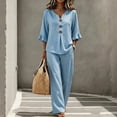 thumbnail image 2 of ZCNKMX Shirts for Women V Neck Button Front Ruffle 3/4 Sleeve Blouse & Pants Two Piece Set, Solid Loose Casual Office Outfit Tops Light Blue XXL, 2 of 4
