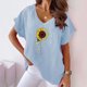 thumbnail image 2 of Camiseta de Manga Corta con Cuello en V con Impresión de Girasol, Algodón Casual Y Top de Cáñamo, 2 of 6