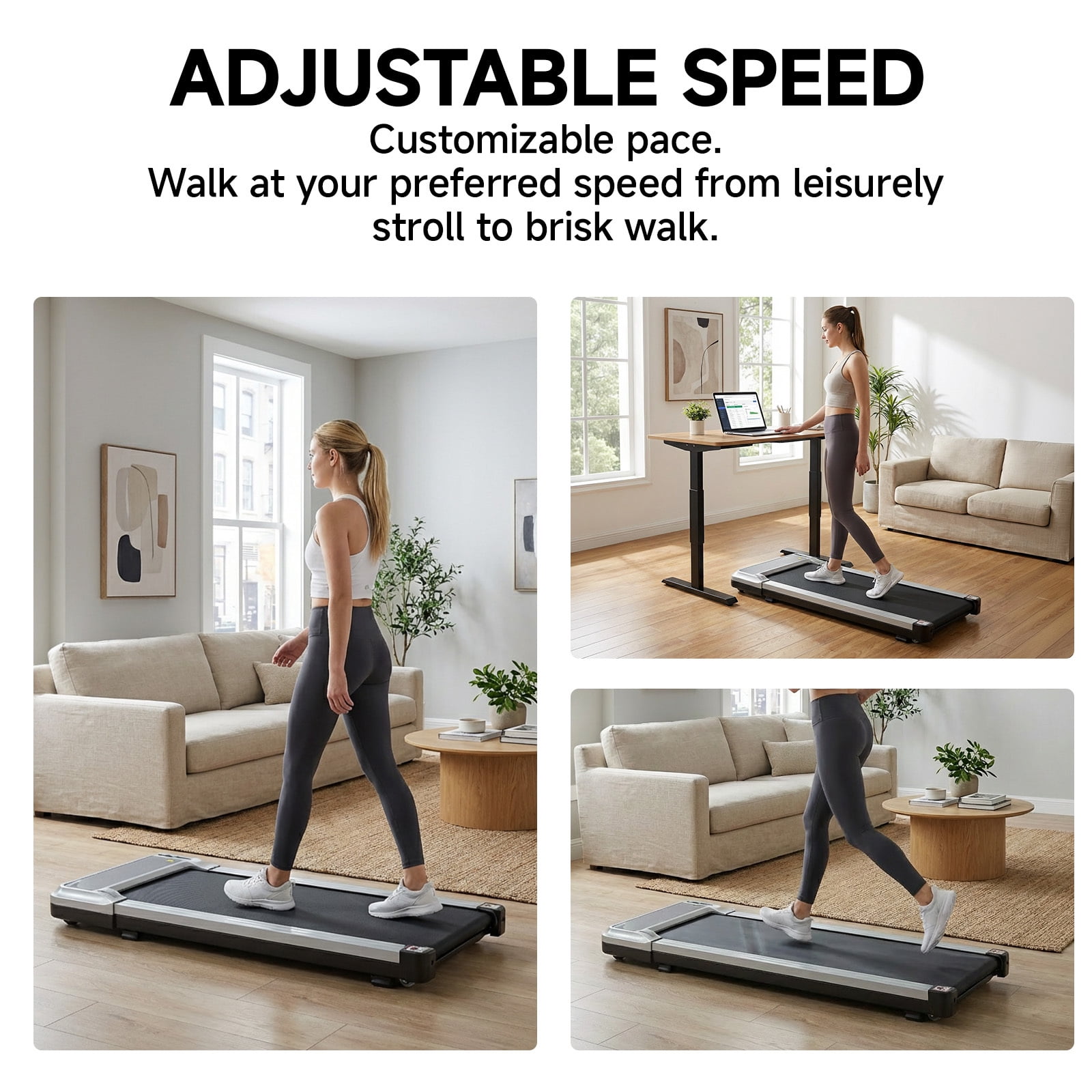 Alvantor Walking Pad Treadmill,Ultra-Thin Under Desk Treadmill for Home/Office, Quiet Portable Walking Machine with Remote Control & LED Display,Silver