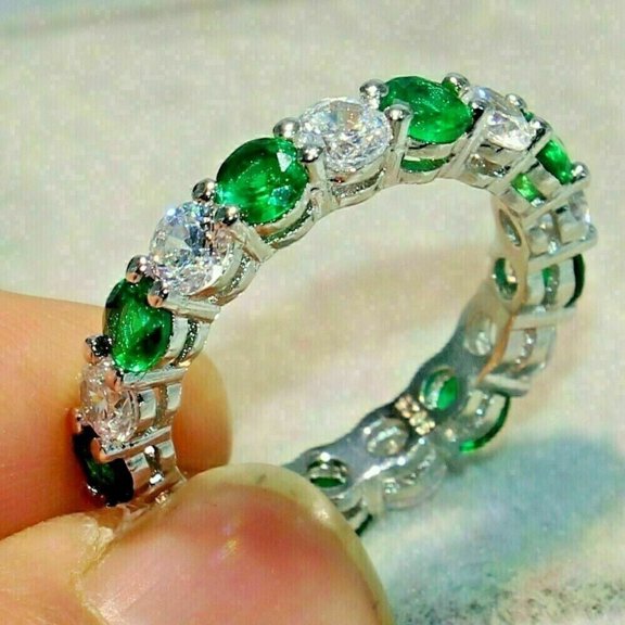 2Ct Lab-Created Emerald & Diamond Full Eternity Ring Band 14K White Gold Plated Sterling Silver