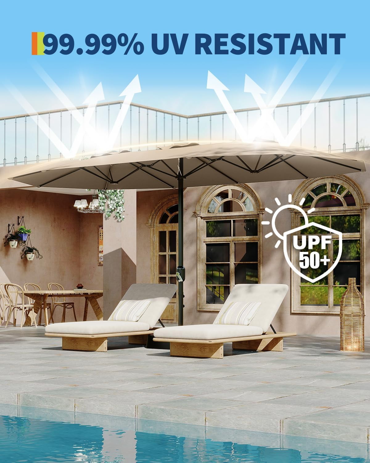 15ft Patio Umbrella with Base,Large Outdoor Double-Sided Rectangle Umbrella with Crank Handle, Market Umbrella for Poolside Garden Deck Backyard Beach Pools