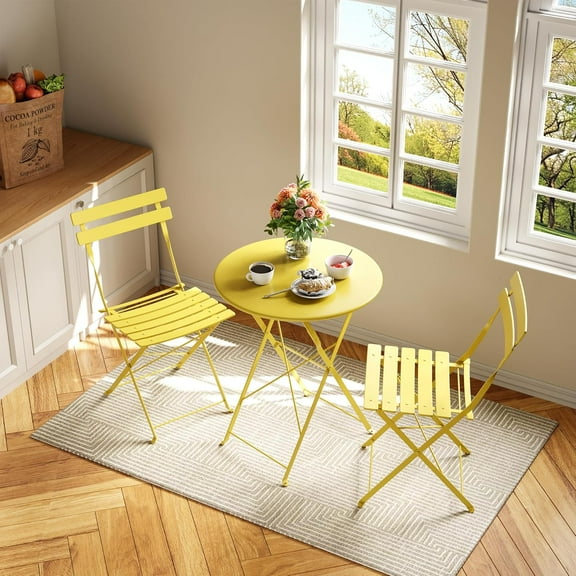 Twister.CK Bistro Table and Chairs Set of 2, 3 Piece Outdoor/Indoor Folding Patio Bistro Sets, 2 Chair Patio Furniture Set with Table, Foldable Coffee Tables for Balcony, Yard, Garden,Yellow