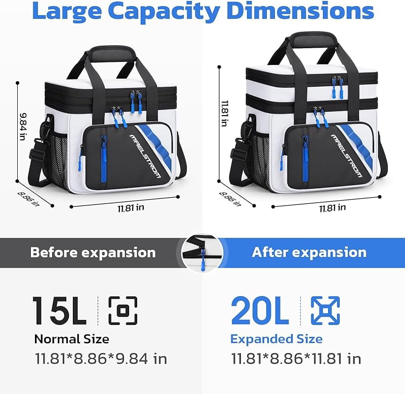 Maelstrom Lunch Box, 20L Insulated Lunch Bag for Men Women, Expandable Double Deck Leakproof Cooler Bag with 6 Pockets, Reusable Lunch Tote Bag for Work, Picnic