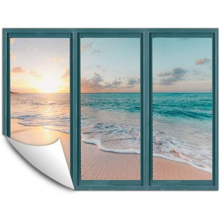 IDEA4WALL Wall Murals for Bedroom Fake Window Beach Blue Window Removable Wallpaper Peel and Stick Wall Stickers - 36x48 inches