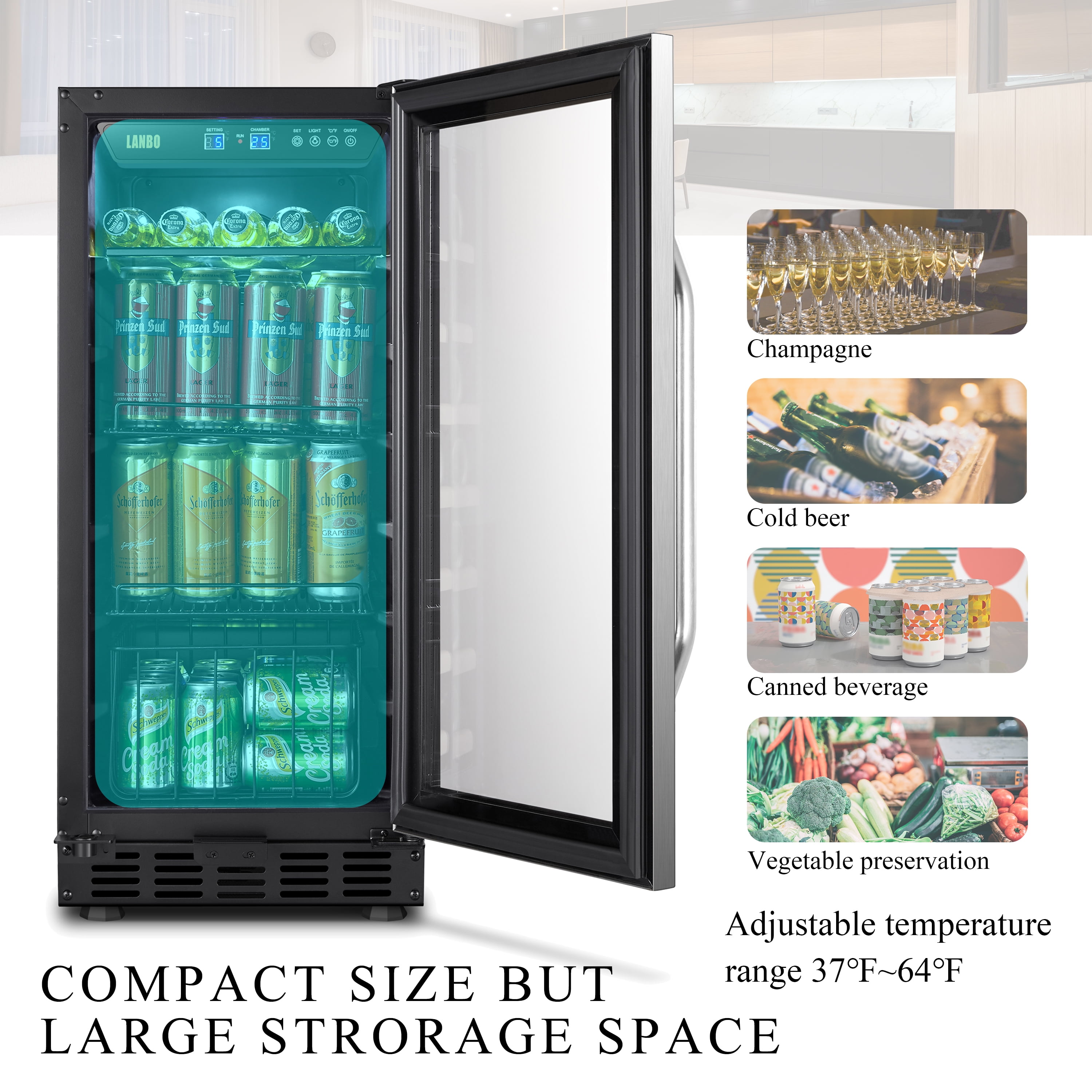Lanbo 76 Cans Under Counter Compressor Beverage Cooler Refrigerator, 15 inch Width