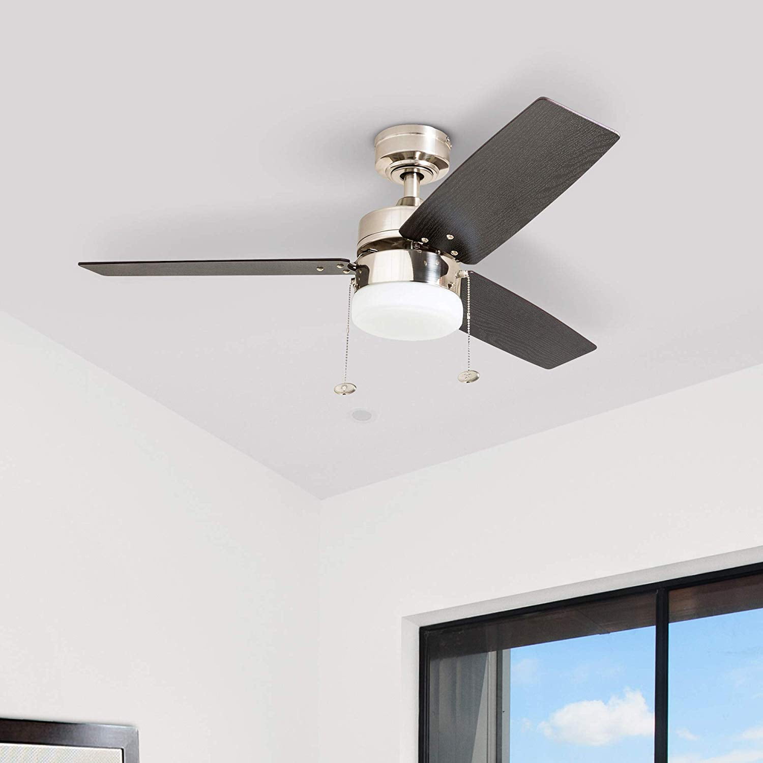 Prominence Home Reston 42" Brushed Nickel Modern Small Room Ceiling Fan with 3 Blades, LED Light Kit, Pull Chains & Reverse Airflow