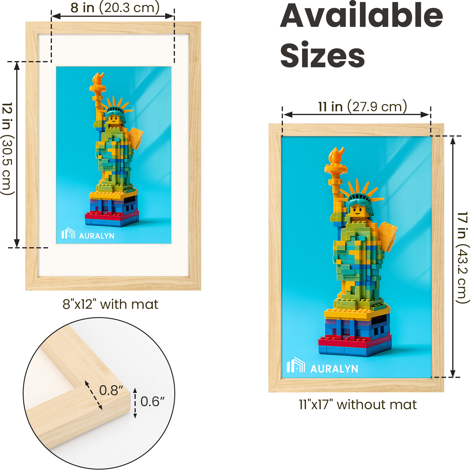 AURALYN 11x17 Picture Frames Set of 3 – Fits 8x12 with Mat or 11x17 Without Mat – Wood Grain, Easy to Hang, Finger-Friendly, Includes Hanging Kit (Wood Frames, 3 Pack)