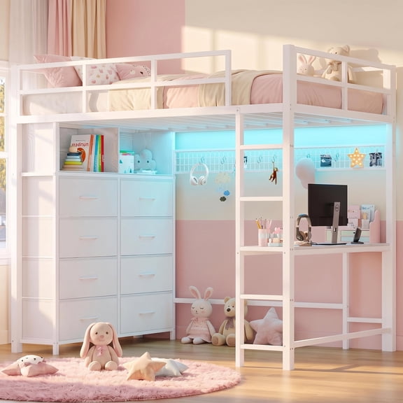Toogaho Twin Loft Bed with Desk,Metal Loft Bed with Storage & LED Lights & Charging Sation,No Box Spring Needed,White